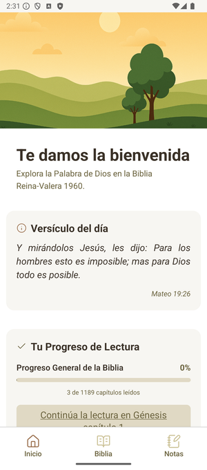 Pantalla de inicio de la app Biblia Reina Valera 1960