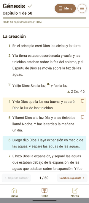 Pantalla de lectura de la app Biblia Reina Valera 1960
