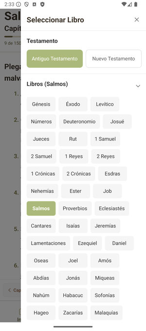 Pantalla de navegación de la app Biblia Reina Valera 1960