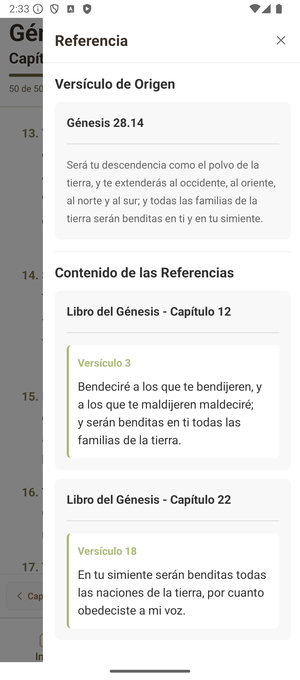 Pantalla de panel de referencias de la app Biblia Reina Valera 1960