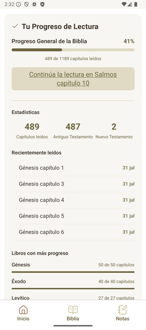 Pantalla de progreso de lectura de la app Biblia Reina Valera 1960